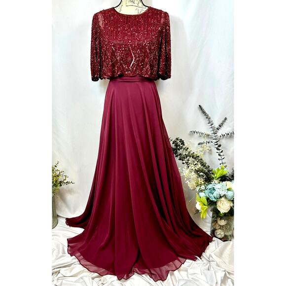Mac Duggal Beaded Overlay A-Line Sequin Gown Aubergine 6 - Picture 7 of 16